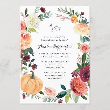 Pumpkin Fall Elegant Floral Rustic Bridal Shower Invitations