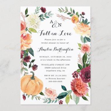 Pumpkin Fall in Love Autumn Floral Bridal Shower Invitations