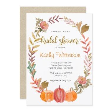 Pumpkin Fall in Love Fall Floral Bridal Shower Invitations