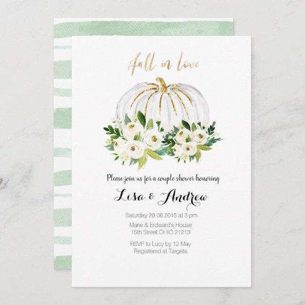 Pumpkin Greenery Fall in Love Couples Shower Invitations