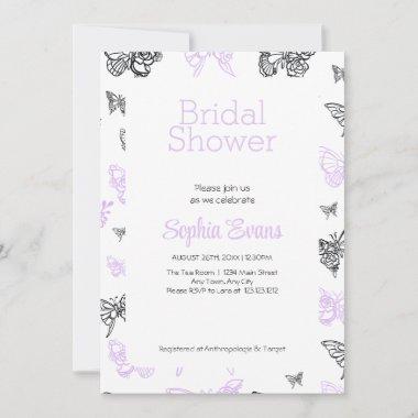 Purple and Black Butterflies White Bridal Shower Invitations