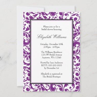 Purple and Black Swirl Damask Bridal Shower Invitations