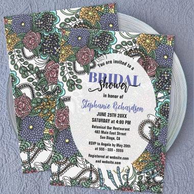 Purple and Blue Detailed Blossoms Bridal Shower Invitations