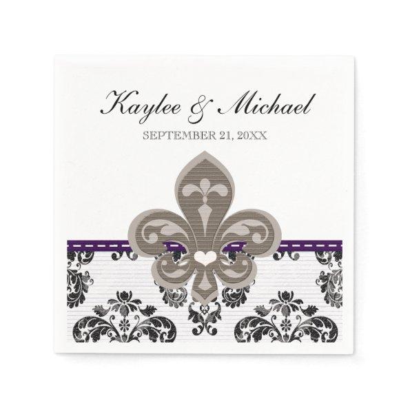 Purple and Gold Fleur de Lis Wedding Paper Napkins