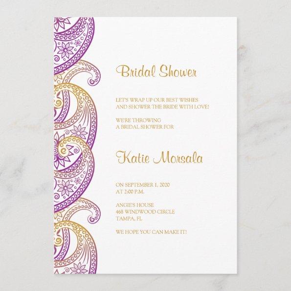Purple and Gold Indian Paisley Bridal Shower Invitations