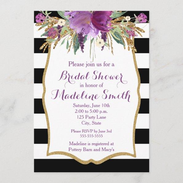 Purple and Gold Watercolor Flowers Bridal Shower Invitations