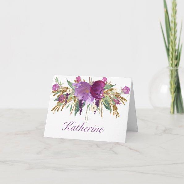 Purple and Gold Watercolor Flowers NoteInvitations