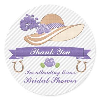 PURPLE AND GRAY DERBY THEMED SHOWER THANK YOU CLASSIC ROUND STICKER