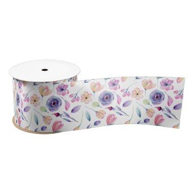 Purple and Pink Flowers and Greenery Satin Ribbon