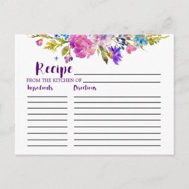 Purple and Pink Flowers Bridal Shower Recipe Invitations
