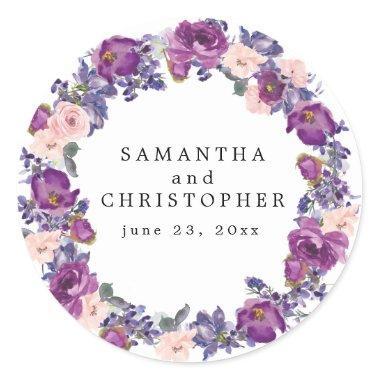 Purple and Pink Rose Floral Wreath Personalized Classic Round Sticker