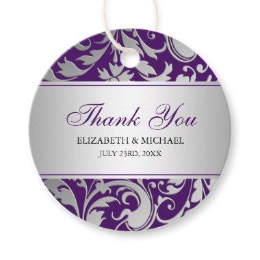 Purple and Silver Damask Swirls Wedding Thank You Favor Tags