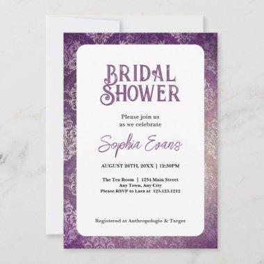 Purple and Silver Damask White Bridal Shower Invitations