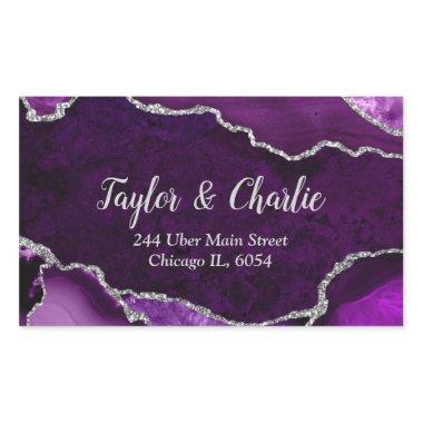 Purple and Silver Faux Glitter Marble Agate Rectangular Sticker