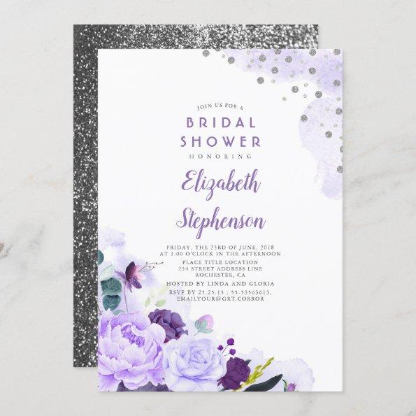 Purple and Silver Floral Romantic Bridal Shower Invitations