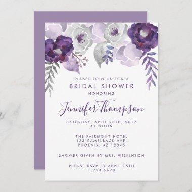 Purple and Silver Watercolor Floral Bridal Shower Invitations
