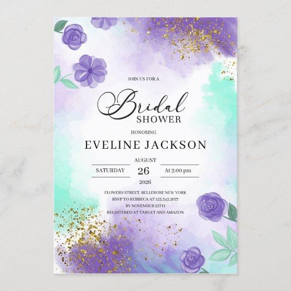 Purple and teal turquoise gold bridal shower Invitations