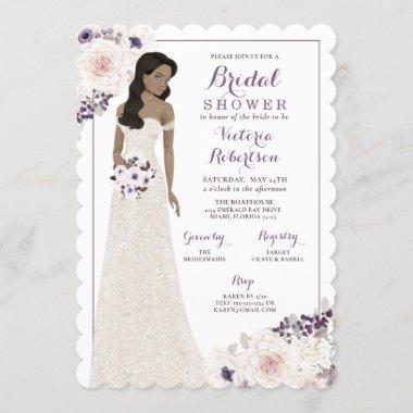 Purple Anemone Bride in Gown Bridal Shower Invitations