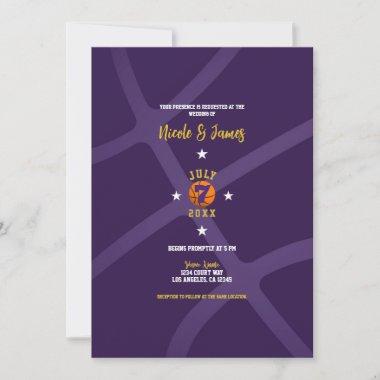Purple Basketball Chic Minimal Sports Wedding  Invitations