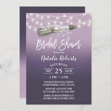 Purple Beach Love Message Bottle Bridal Shower Invitations