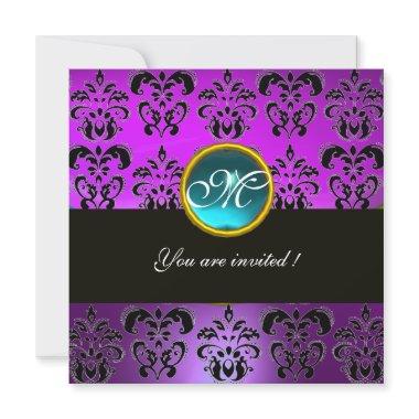 PURPLE BLACK DAMASK MONOGRAM, blue aquamarine Invitations