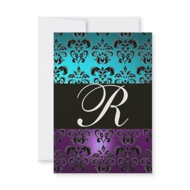 PURPLE BLACK DAMASK MONOGRAM RSVP ,blue turquase Invitations