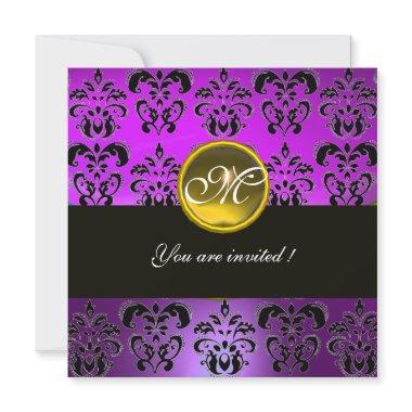 PURPLE BLACK DAMASK MONOGRAM, yellow topaz Invitations