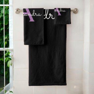 Purple Black Girly Script Monogram Name Bath Towel Set
