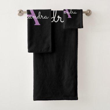 Purple Black Girly Script Monogram Name Bath Towel Set