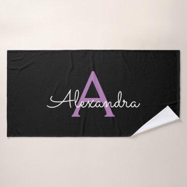 Purple Black Girly Script Monogram Name Modern Bath Towel