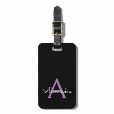Purple Black Girly Script Monogram Name Modern Luggage Tag