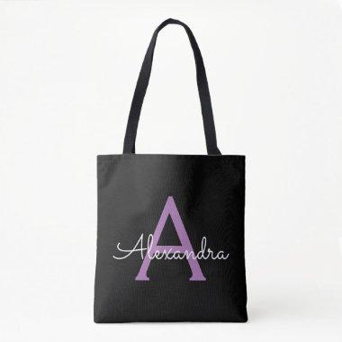 Purple Black Girly Script Monogram Name Modern Tote Bag