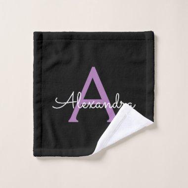 Purple Black Girly Script Monogram Name Wash Cloth