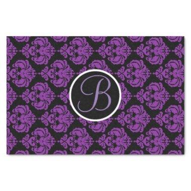 Purple & Black Glam Damask Monogram Letter Initial Tissue Paper