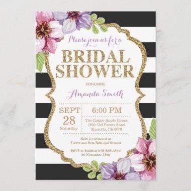 Purple Black Gold Bridal Shower Invitations Floral