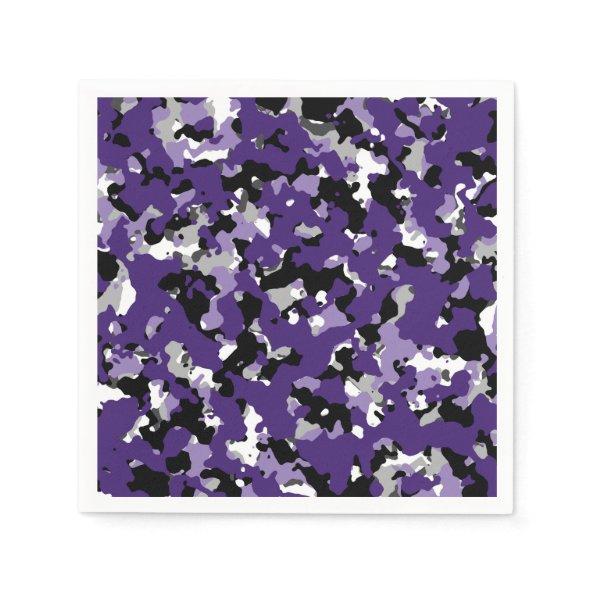 Purple Black Grey Camouflage Camo Print Party Napkins