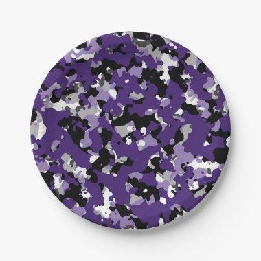 Purple Black Grey Camouflage Camo Print Party Paper Plates