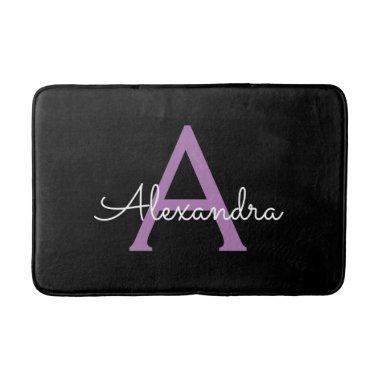 Purple Black Script Girly Monogram Name Bath Mat