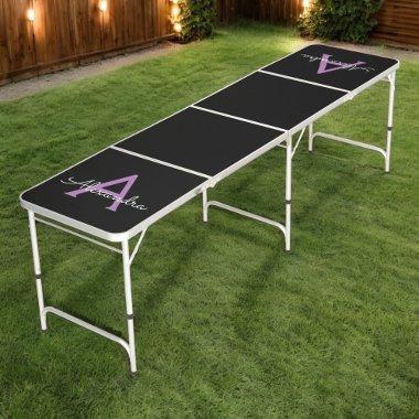 Purple Black Script Girly Monogram Name Beer Pong Table