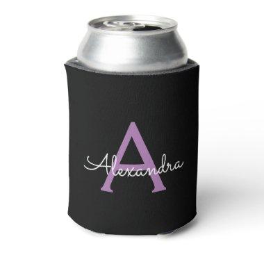 Purple Black Script Girly Monogram Name Can Cooler