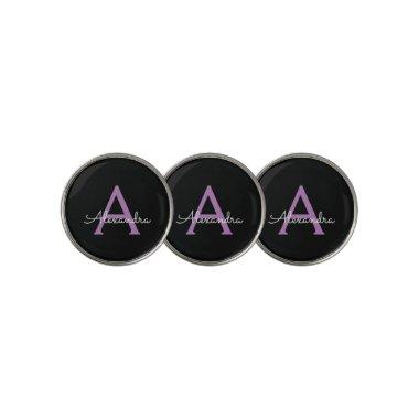 Purple Black Script Girly Monogram Name Golf Ball Marker