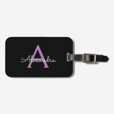 Purple Black Script Girly Monogram Name Luggage Tag