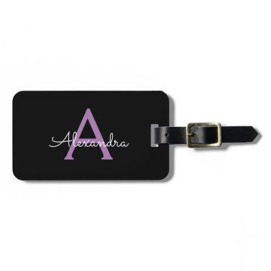 Purple Black Script Girly Monogram Name Luggage Tag