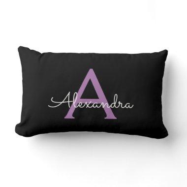 Purple Black Script Girly Monogram Name Lumbar Pillow