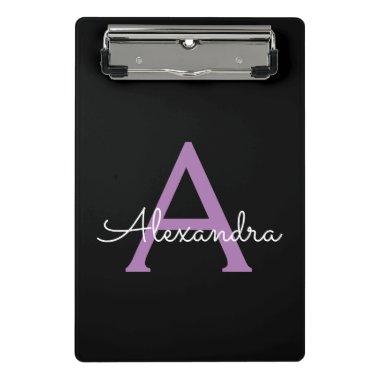 Purple Black Script Girly Monogram Name Mini Clipboard
