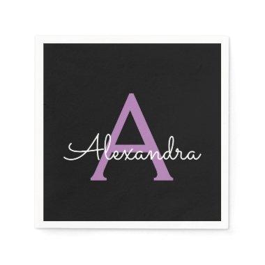 Purple Black Script Girly Monogram Name Napkins