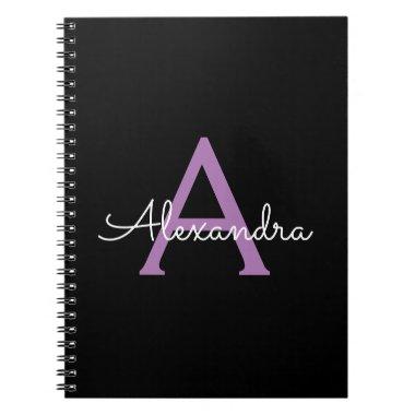 Purple Black Script Girly Monogram Name Notebook