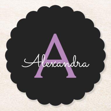 Purple Black Script Girly Monogram Name Paper Coaster
