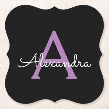 Purple Black Script Girly Monogram Name Paper Coaster
