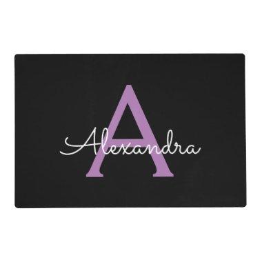Purple Black Script Girly Monogram Name Placemat